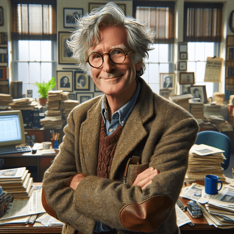 DALL·E-2023-12-02-22.10.34-Create-an-image-of-a-seasoned-humor-columnist-in-his-60s-resembling-a-Cambridge-professor-type.-He-should-appear-slightly-overweight-and-grandfatherl